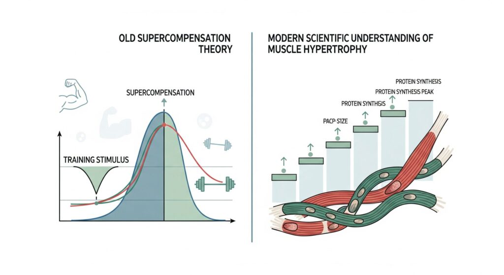 an image for compare old “super compensation theory to scientific understanding of muscle hypertrophy