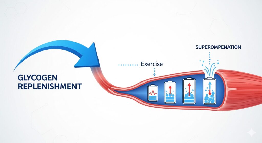 Conceptual scientific illustration showing glycogen super compensation.