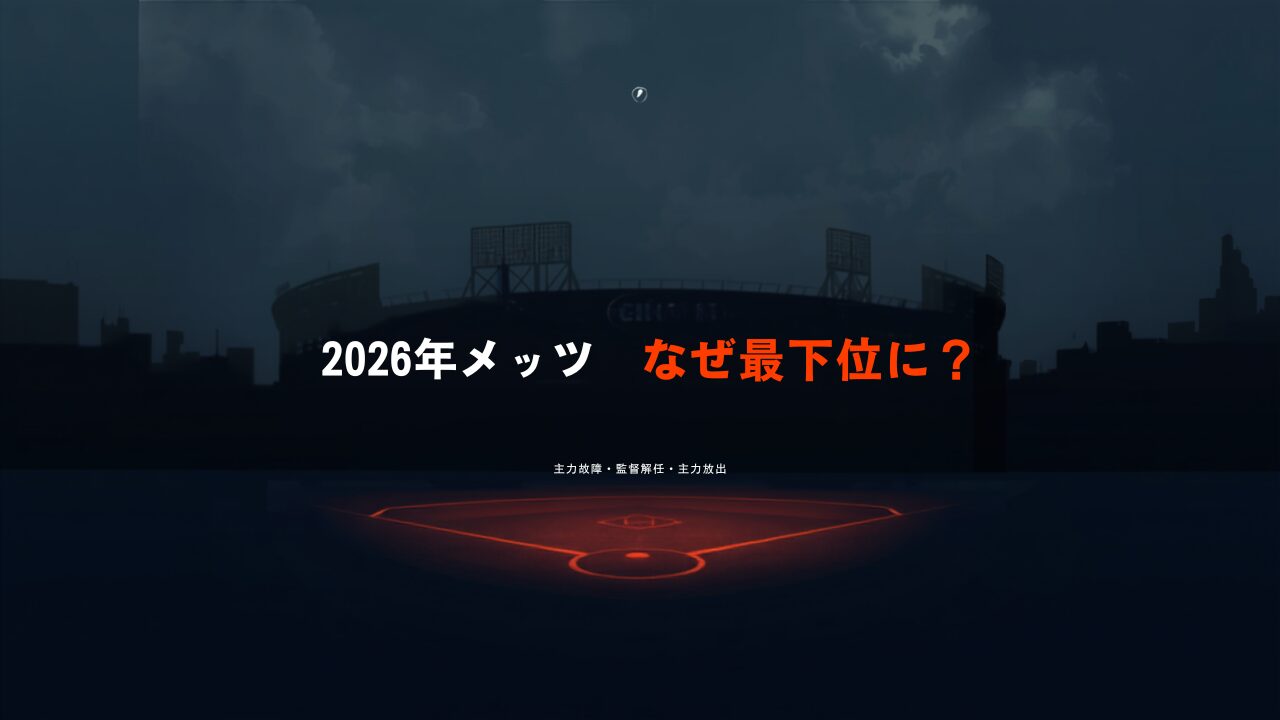 2026年シーズン低迷のニューヨーク・メッツを表すアイキャッチ。主力故障・監督解任・主力放出で最下位に沈むチームを夜のスタジアムとチームカラーで表現